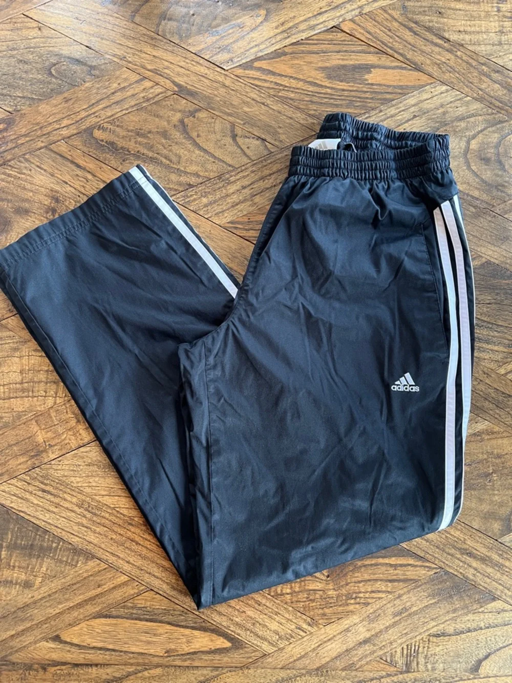 Adidas Mens Track Pants, Black w/3 White Stripes, Retro Baggy Style, Lined, Sz L